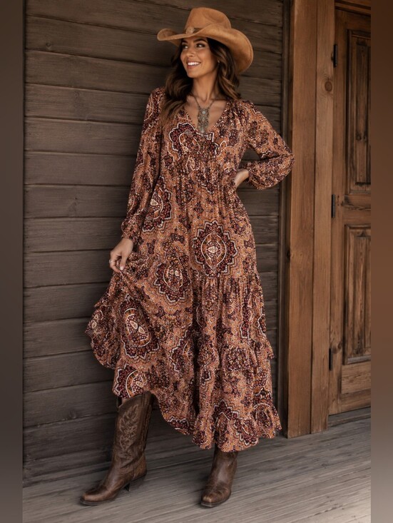 Wrangler Dresses & Skirts - Wrangler Retro Bohemian Maxi Dress Paisley Peasant Western Ruffled XXL Brown